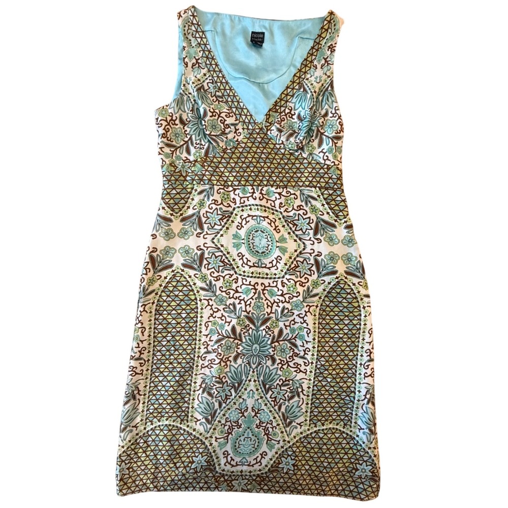 Nicole Miller 100% Silk Paisley Floral V-Neck Dress Blue Brown Sz 8 Boho Luxury